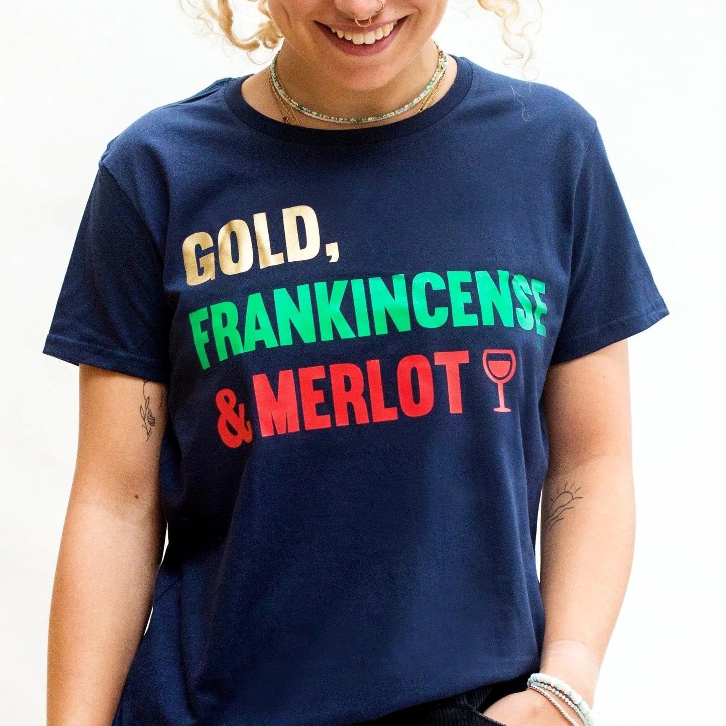 Gold, Frankincense and Merlot Wine Slogan Ladies Christmas T-Shirt